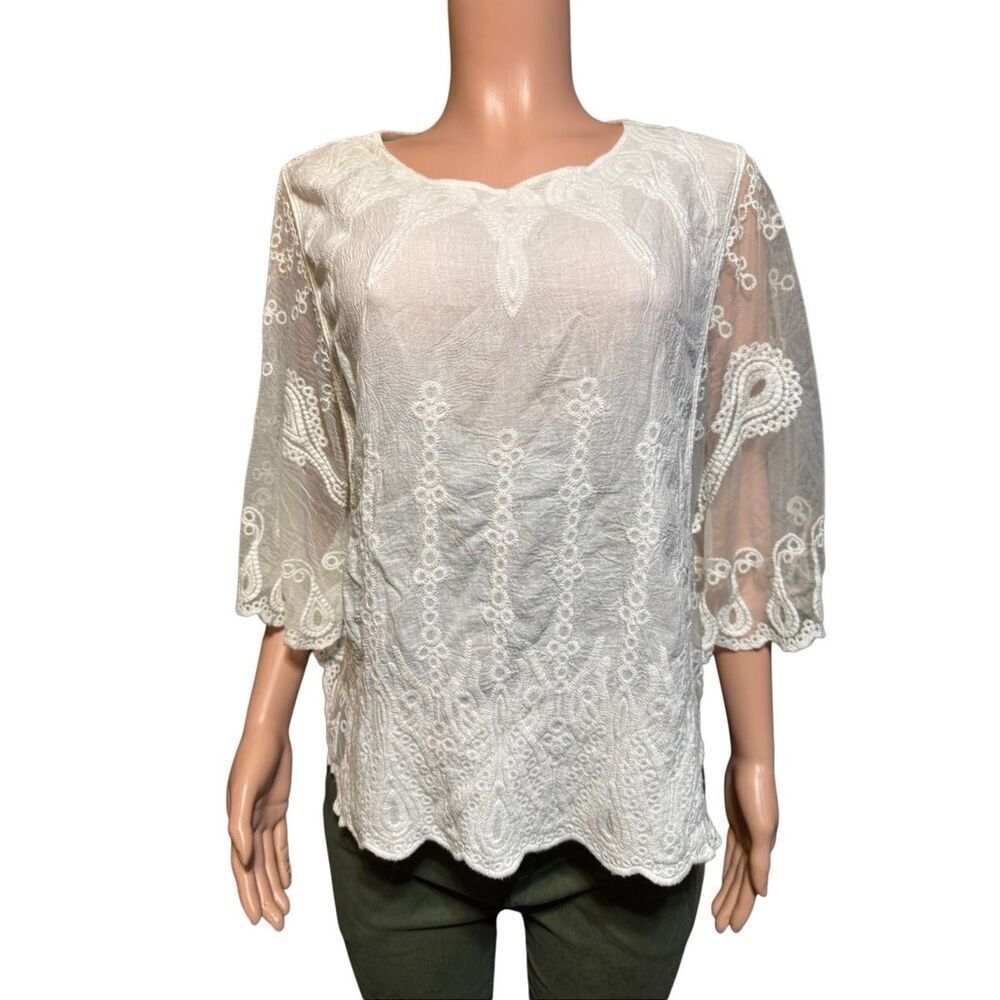 Shein white embroidered blouse 3/4 length sheer sleeves one size